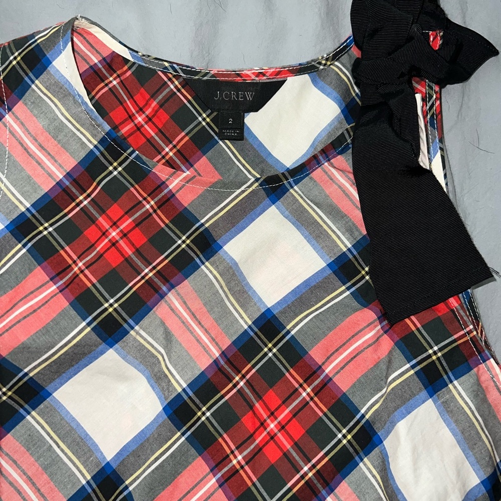 J. Crew Holiday Christmas Tartan Plaid Ribbon Bow Tank Top Shirt Blouse 2 - Picture 2 of 2